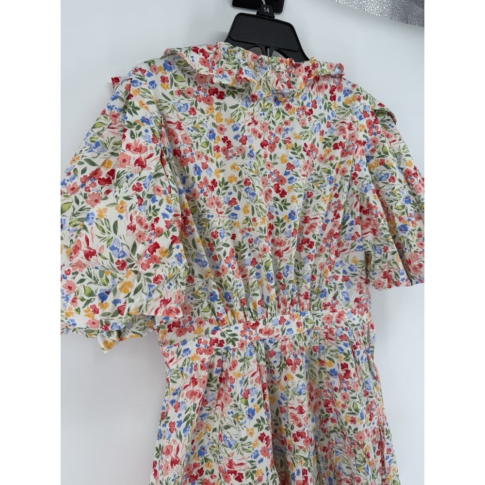 RESET Floral Print Mini Wrap Dress Womens Large White Puff Sleeve Lined - Picture 10 of 13